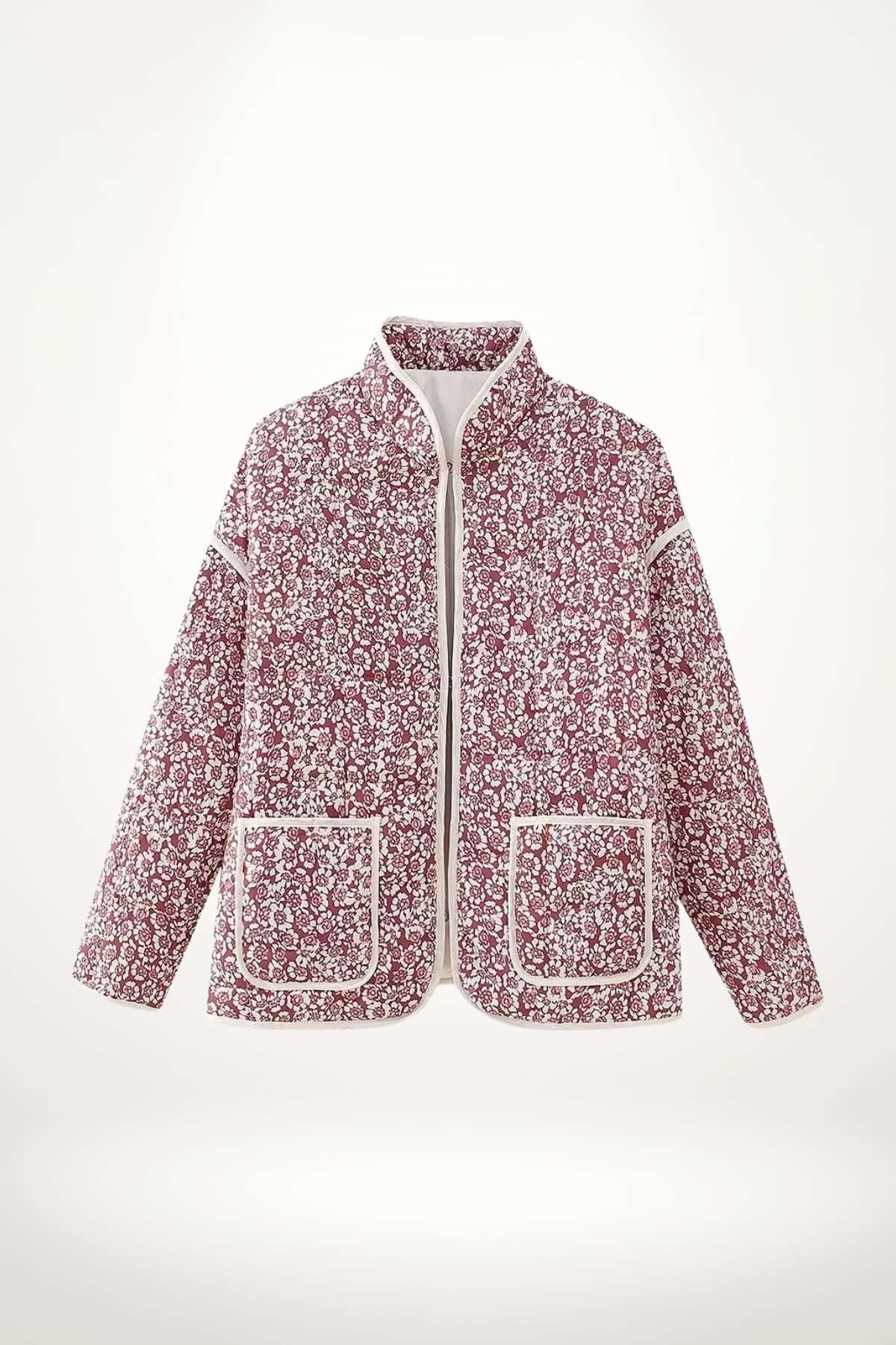 Manteau kimono matelassé femme imprimé floral bordeaux et blanc, col mao, poches plaquées, tissu polyester-rayonne-acétate.