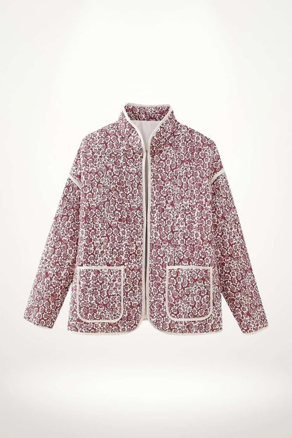 Manteau kimono matelassé femme imprimé floral bordeaux et blanc, col mao, poches plaquées, tissu polyester-rayonne-acétate.