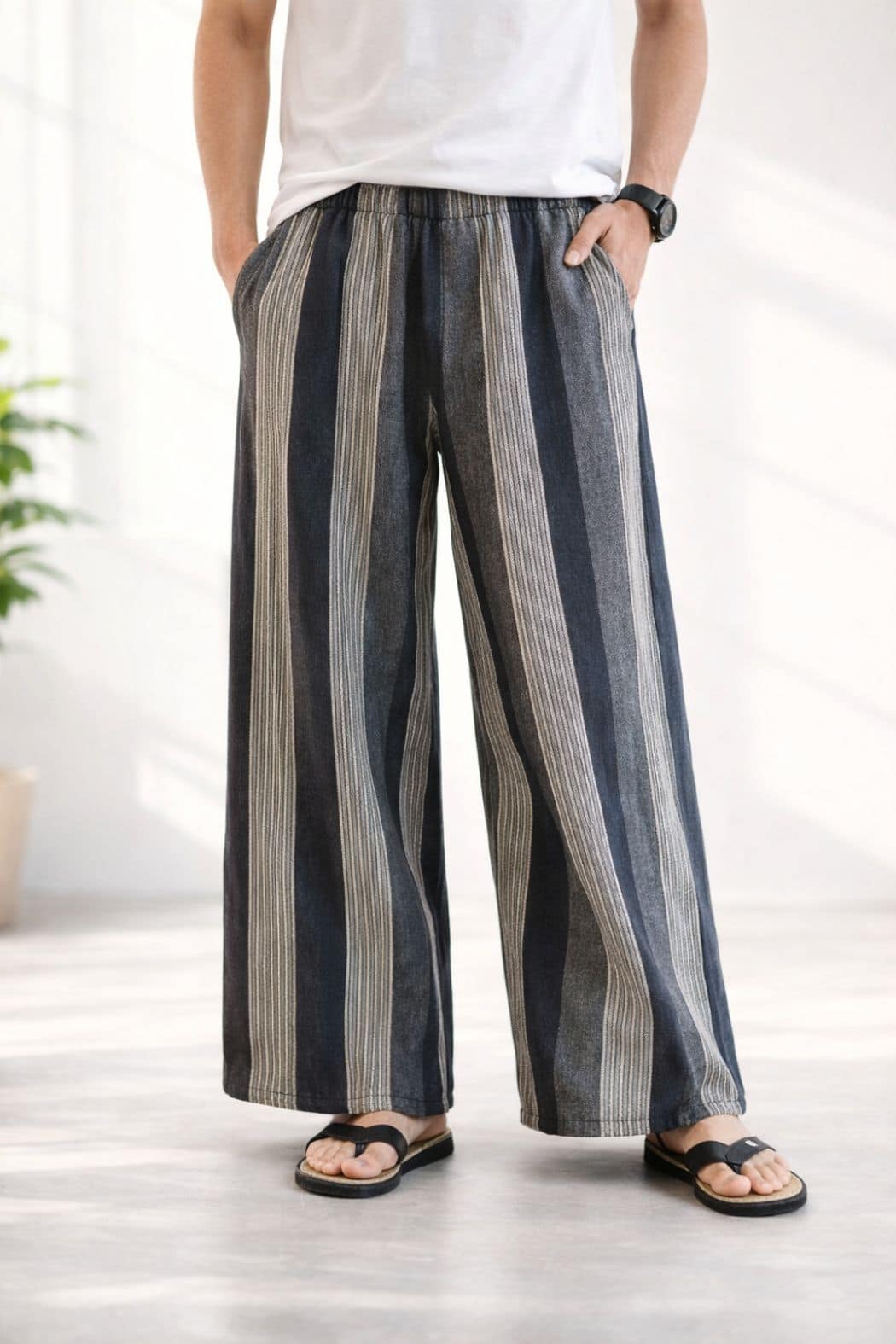 Pantalon hakama rayé en tissu léger, aux couleurs bleu et beige, porté avec un t-shirt blanc et des sandales