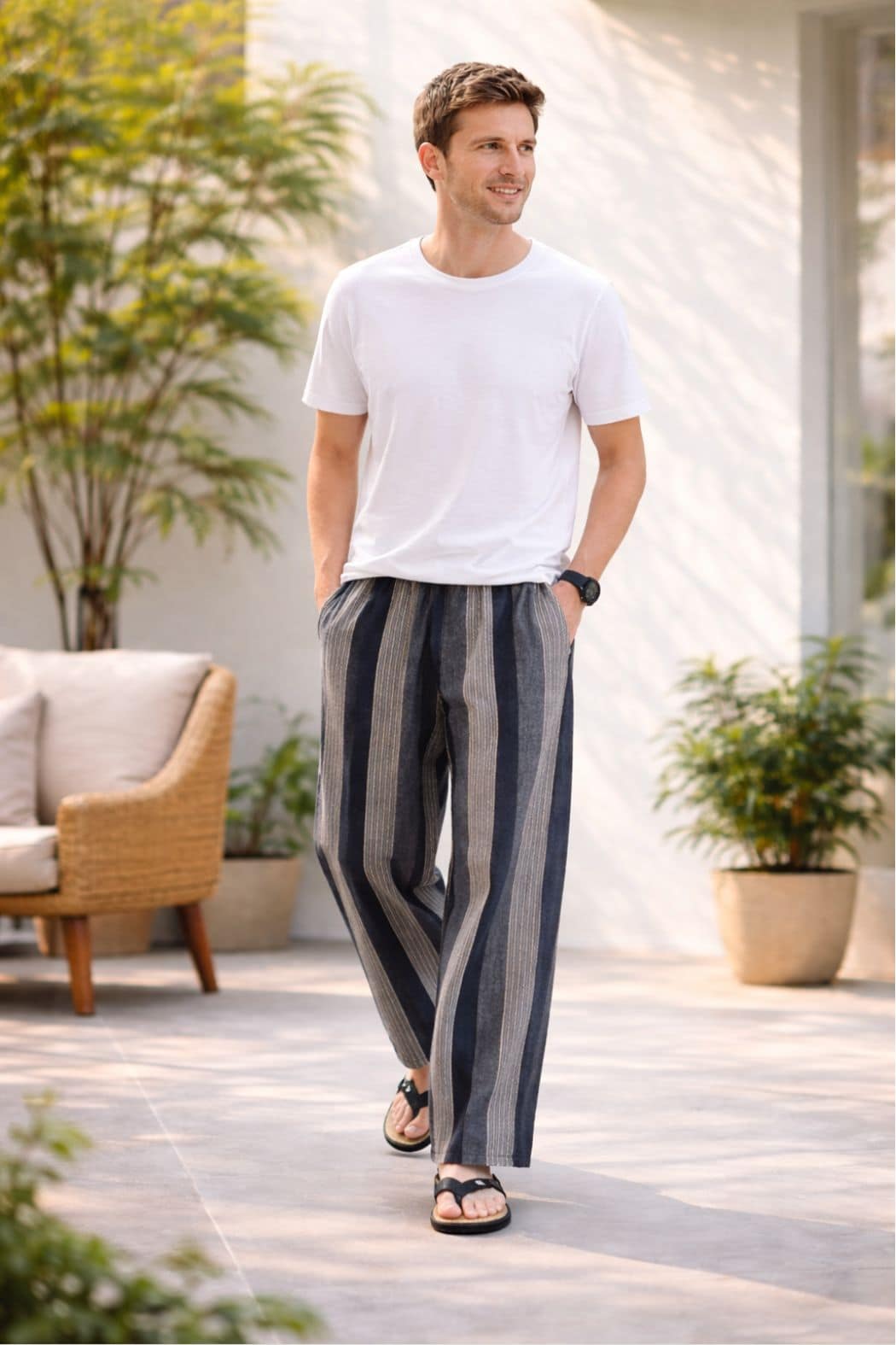 Homme souriant portant un t-shirt blanc et un pantalon hakama rayé dans un décor extérieur lumineux et végétal