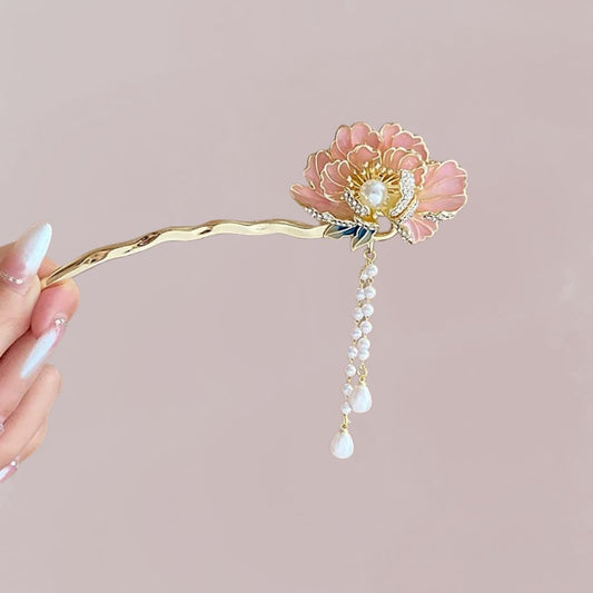 Accessoire cheveux kimono femme avec grande fleur rose dorée, perle centrale et chute de perles blanches nacrées
