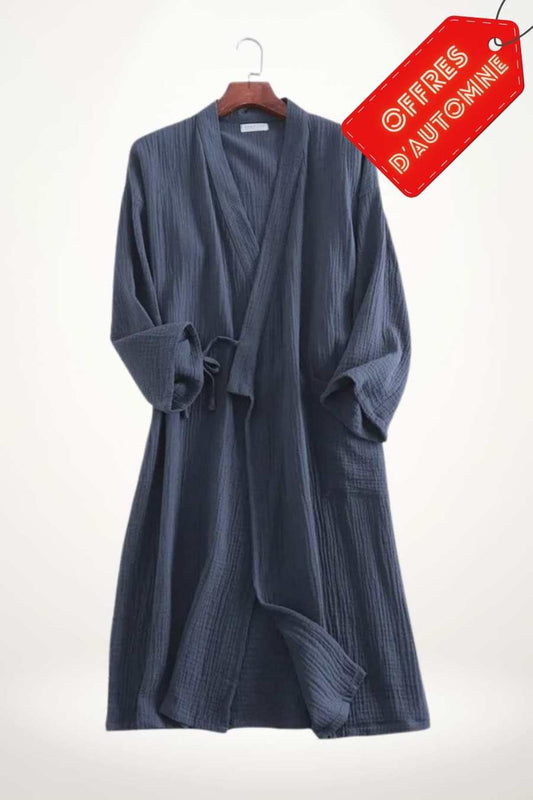 Peignoir kimono femme en tissu doux, de couleur bleu foncé, avec des manches longues et une ceinture