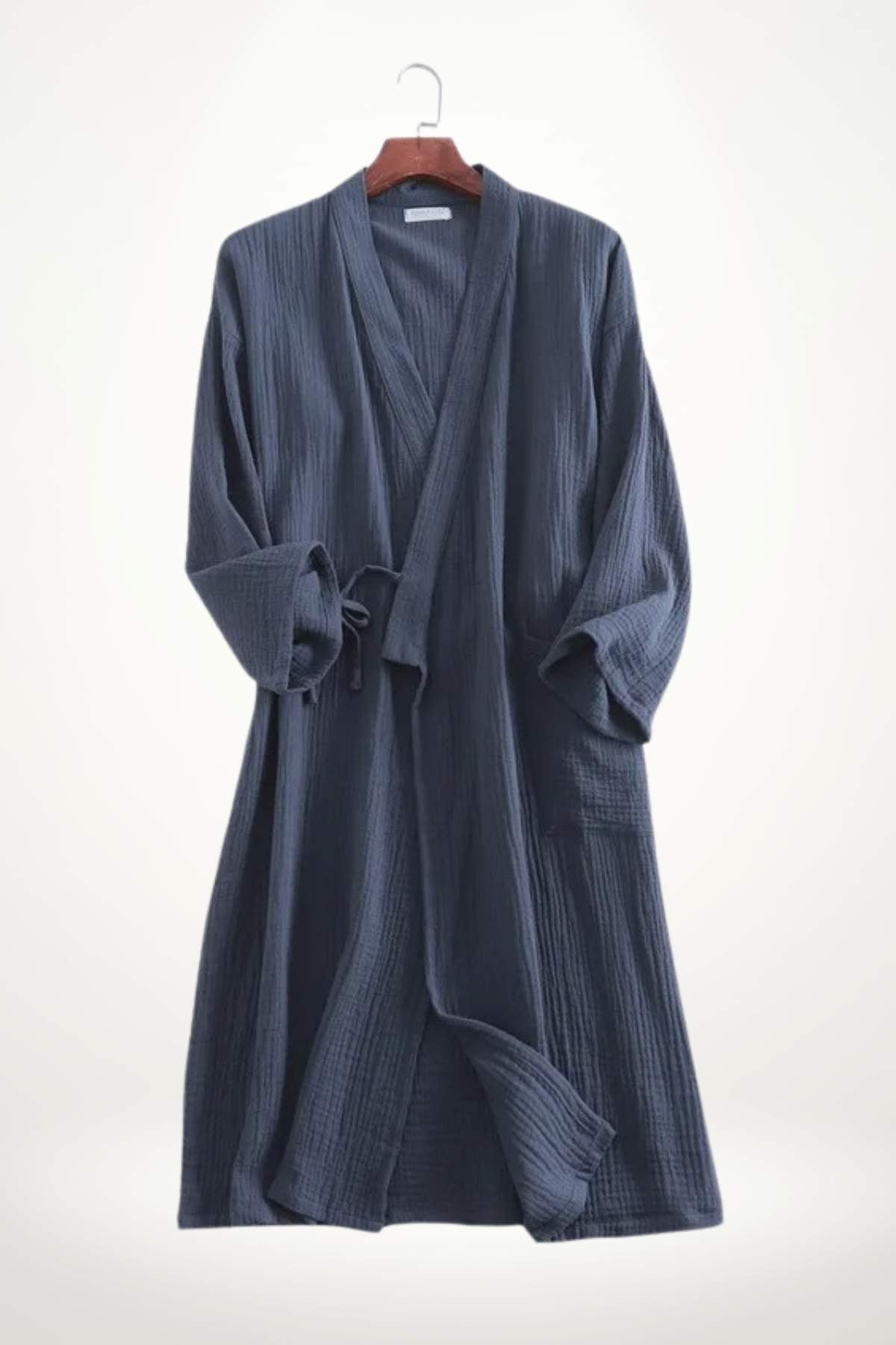 Peignoir kimono femme en tissu doux, de couleur bleu foncé, avec des manches longues et une ceinture