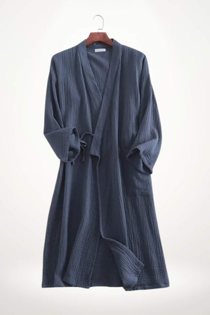 Peignoir kimono femme en tissu doux, de couleur bleu foncé, avec des manches longues et une ceinture