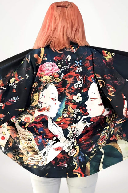 Veste kimono femme en tissu noir, ornée de motifs colorés représentant des fleurs, des poissons et des personnages stylisés