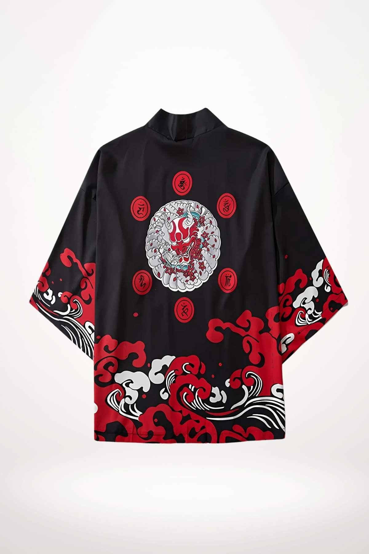 Veste kimono noire avec motifs rouges et blancs représentant des vagues et un dragon stylisé au dos