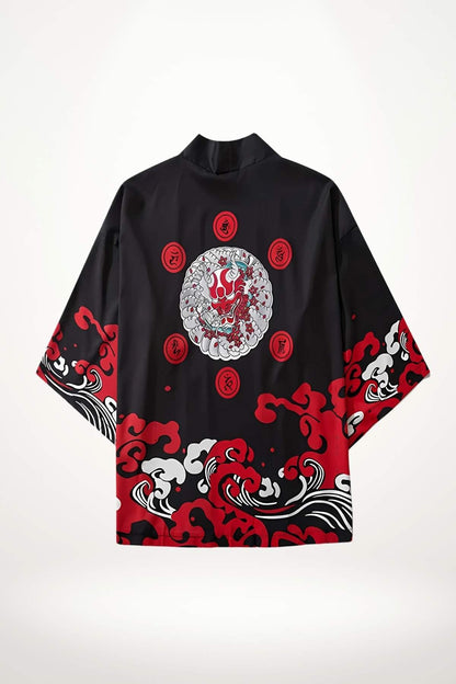 Veste kimono noire avec motifs rouges et blancs représentant des vagues et un dragon stylisé au dos