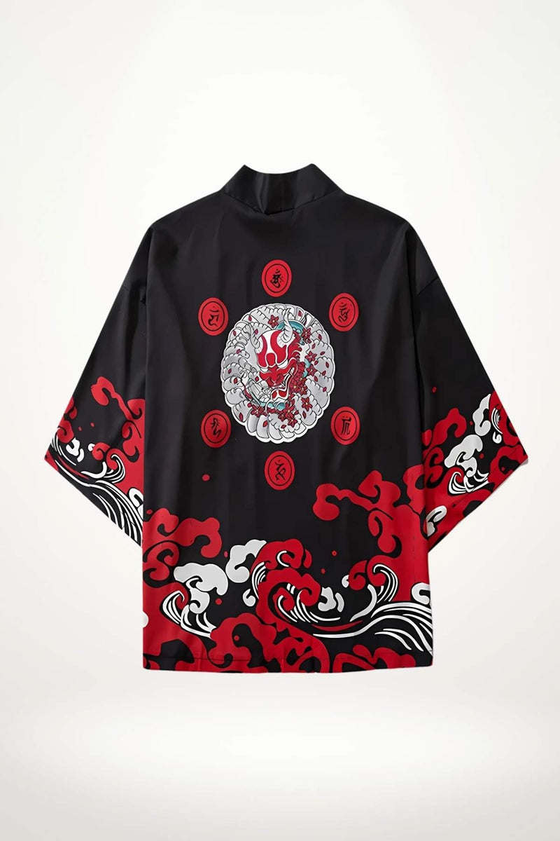Veste kimono noire avec motifs rouges et blancs représentant des vagues et un dragon stylisé au dos