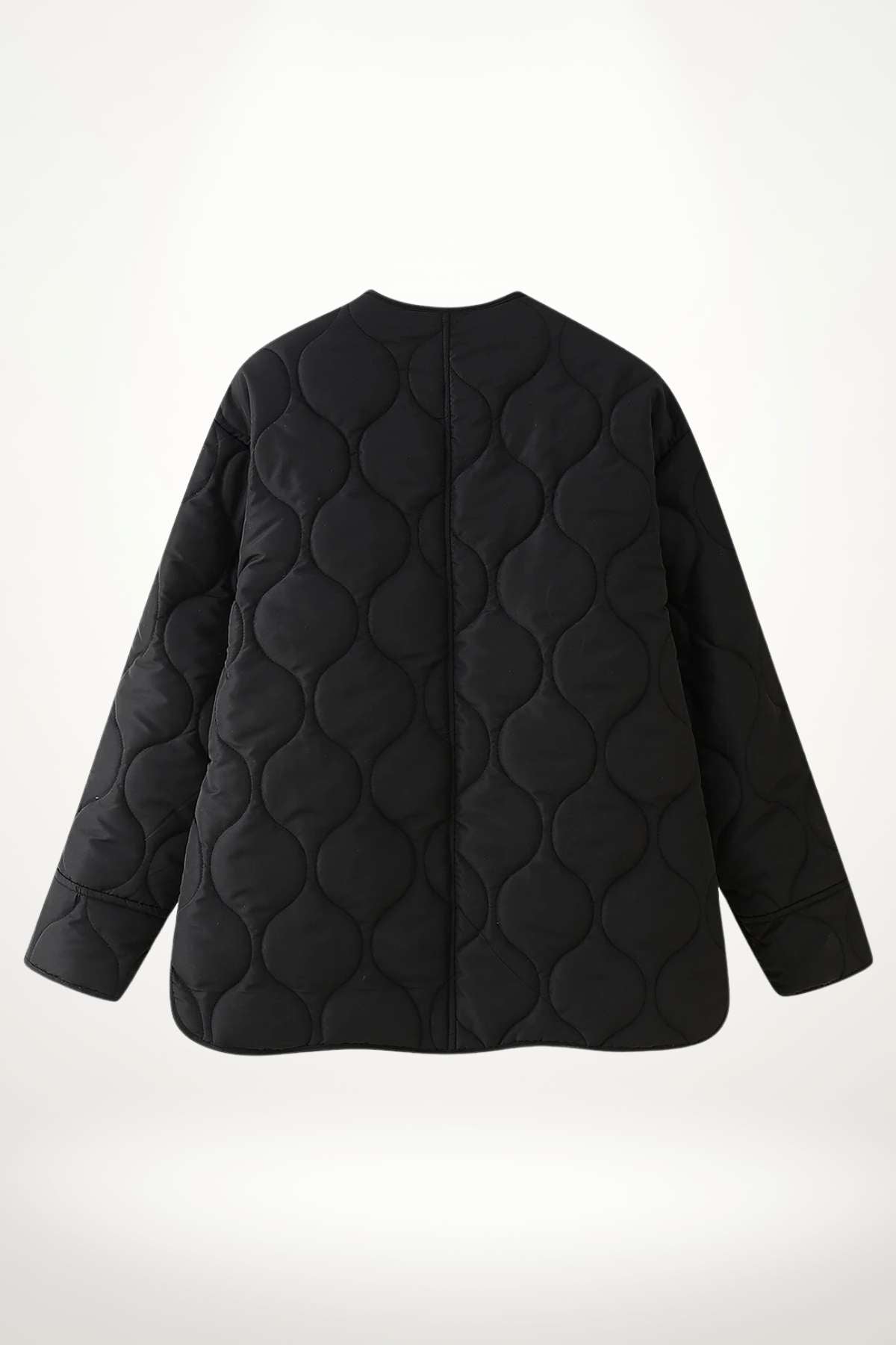 Veste kimono femme matelassée noire en polyester avec quilting circulaire, coupe droite et col rond.
