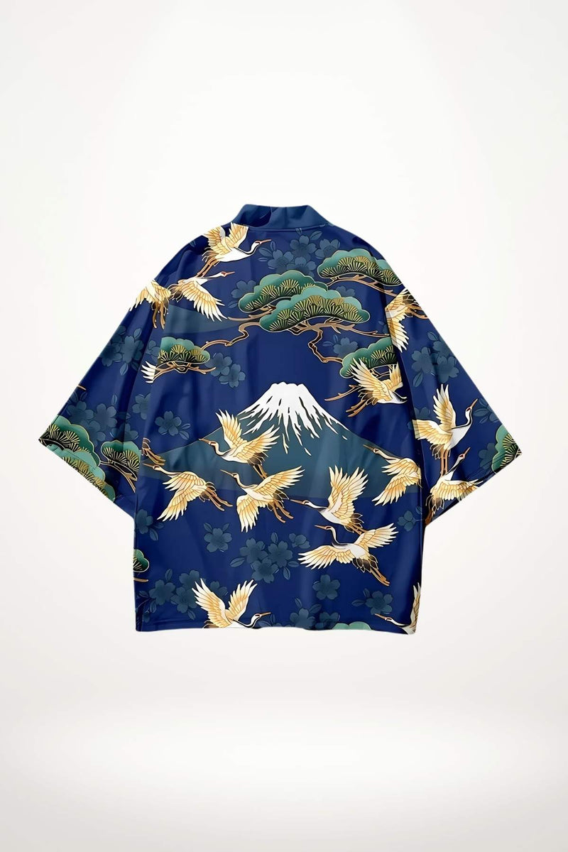Veste kimono femme en satin bleu marine ornée de motifs de grues et de montagnes japonaises