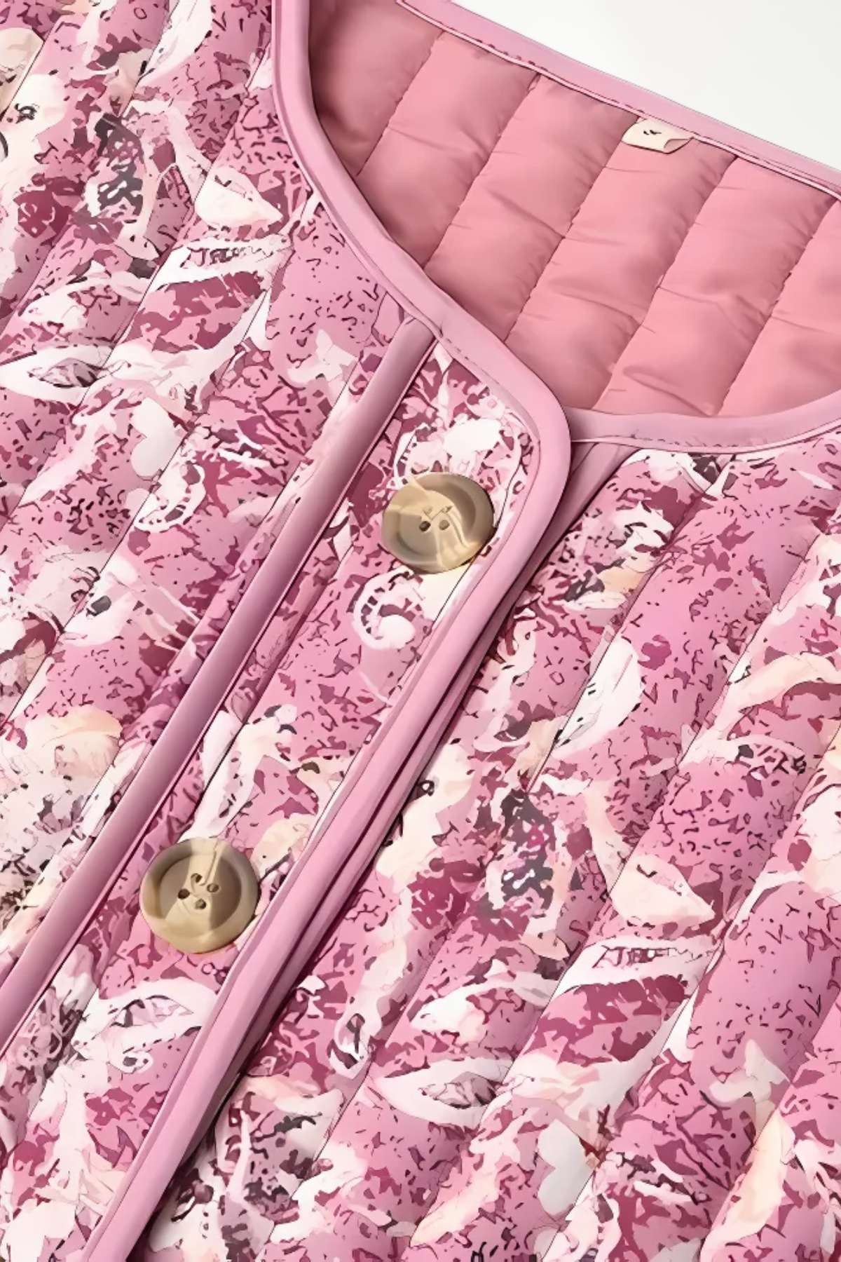 Veste kimono matelassée femme motif floral rose, piquage vertical, col rond, boutons imitation nacre et bordures piping, style bohème-chic.