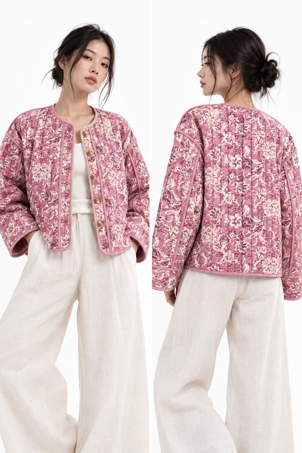 Veste kimono femme matelassée rose fleurie style japonais de face et de dos