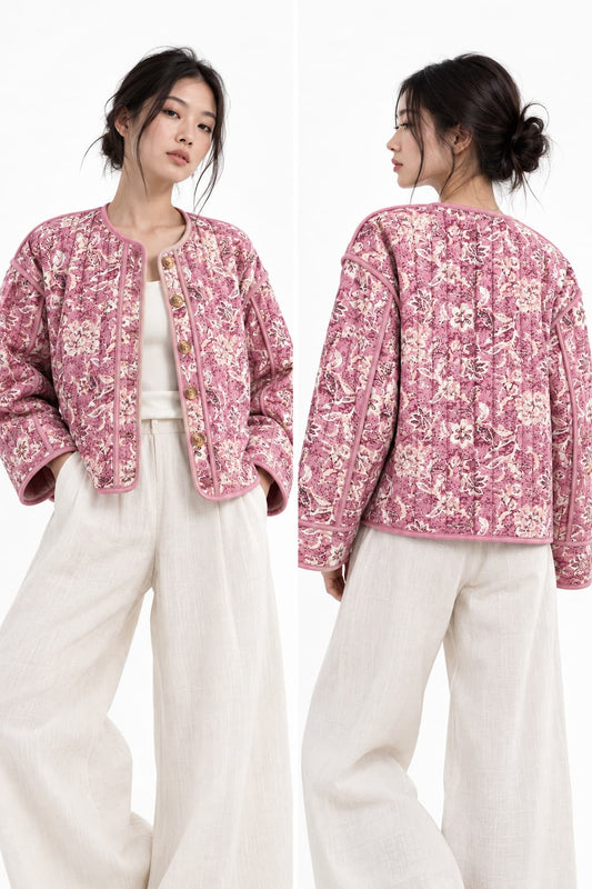 Veste kimono femme matelassée rose fleurie style japonais de face et de dos