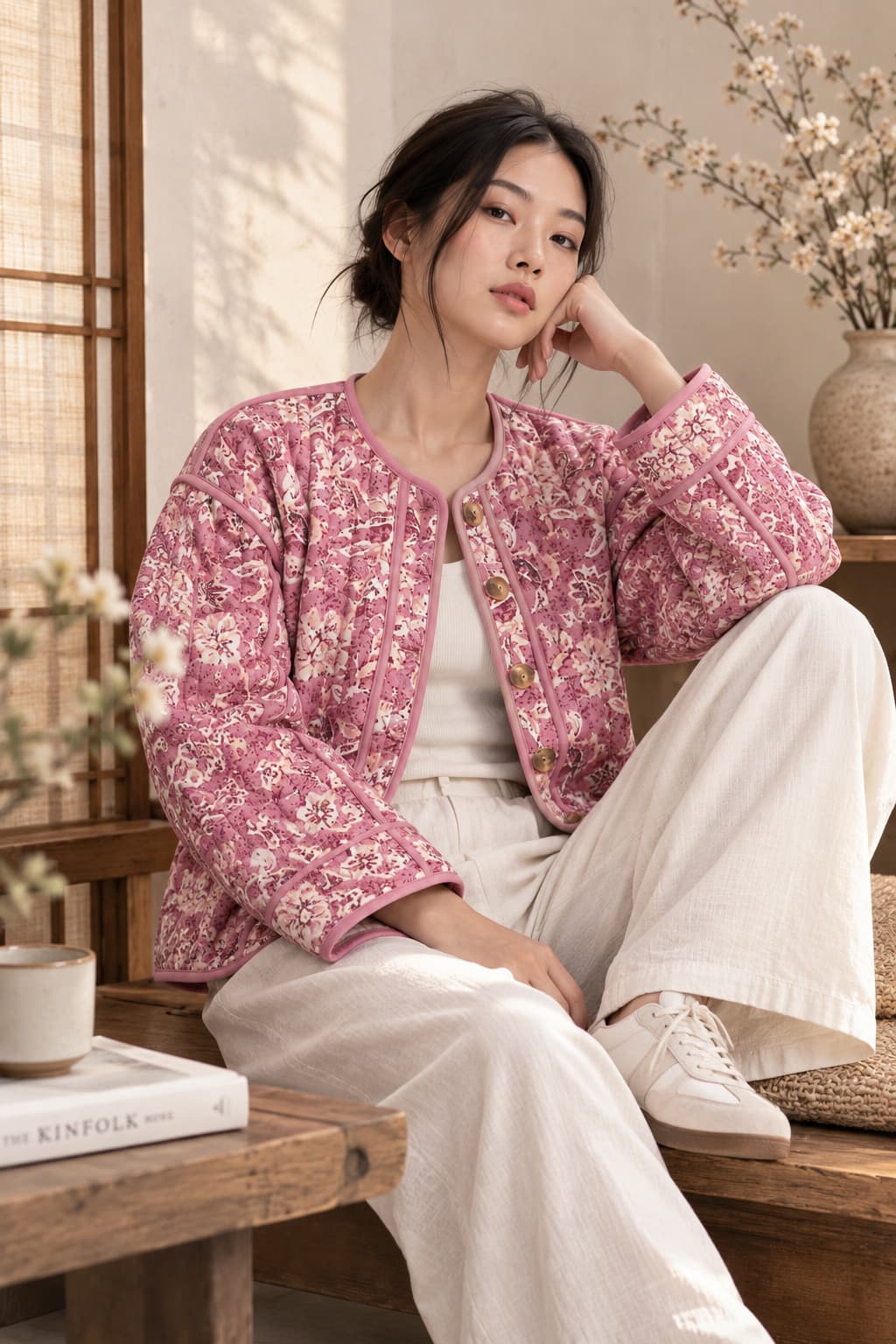 Veste kimono matelassée femme rose fleurie portée style japonais moderne
