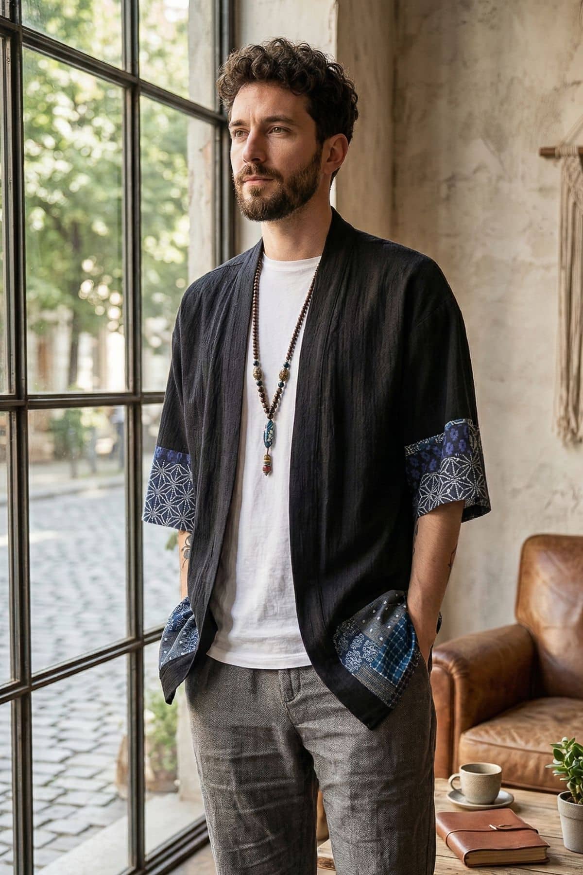 Homme portant une veste style kimono noire avec des motifs bleus, debout près d'une fenêtre, décor intérieur chaleureux
